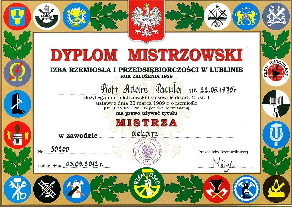 dyplom mistrzowski Pac-Bud